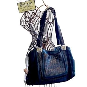 Brighton Black Brown Croc Embossed Genuine Leather Large Shoulder Bag Purse